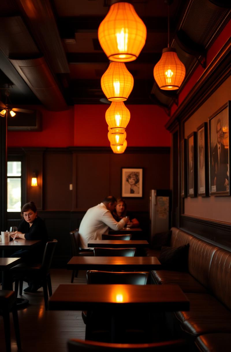 Warm interior with counter seating and pendant lighting